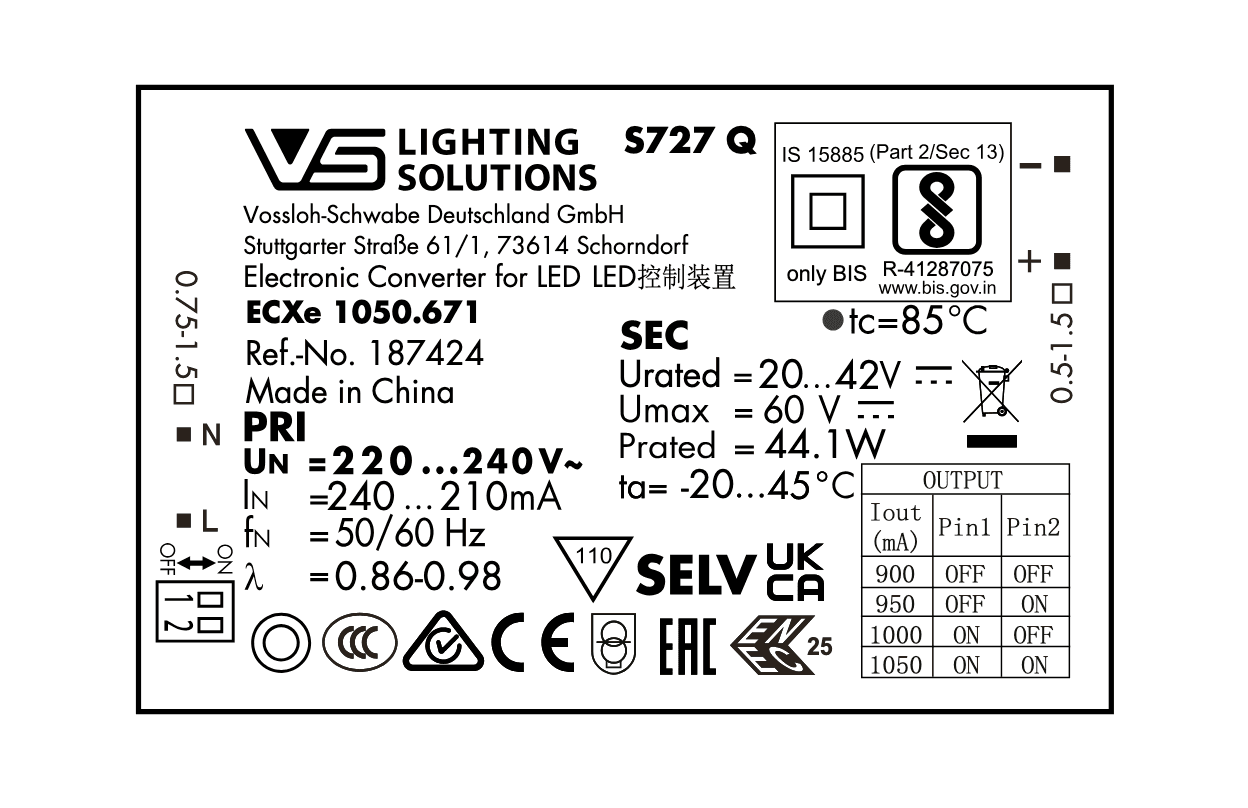44W LED Driver, 900–1050 mA, Vossloh-Schwabe, IP20