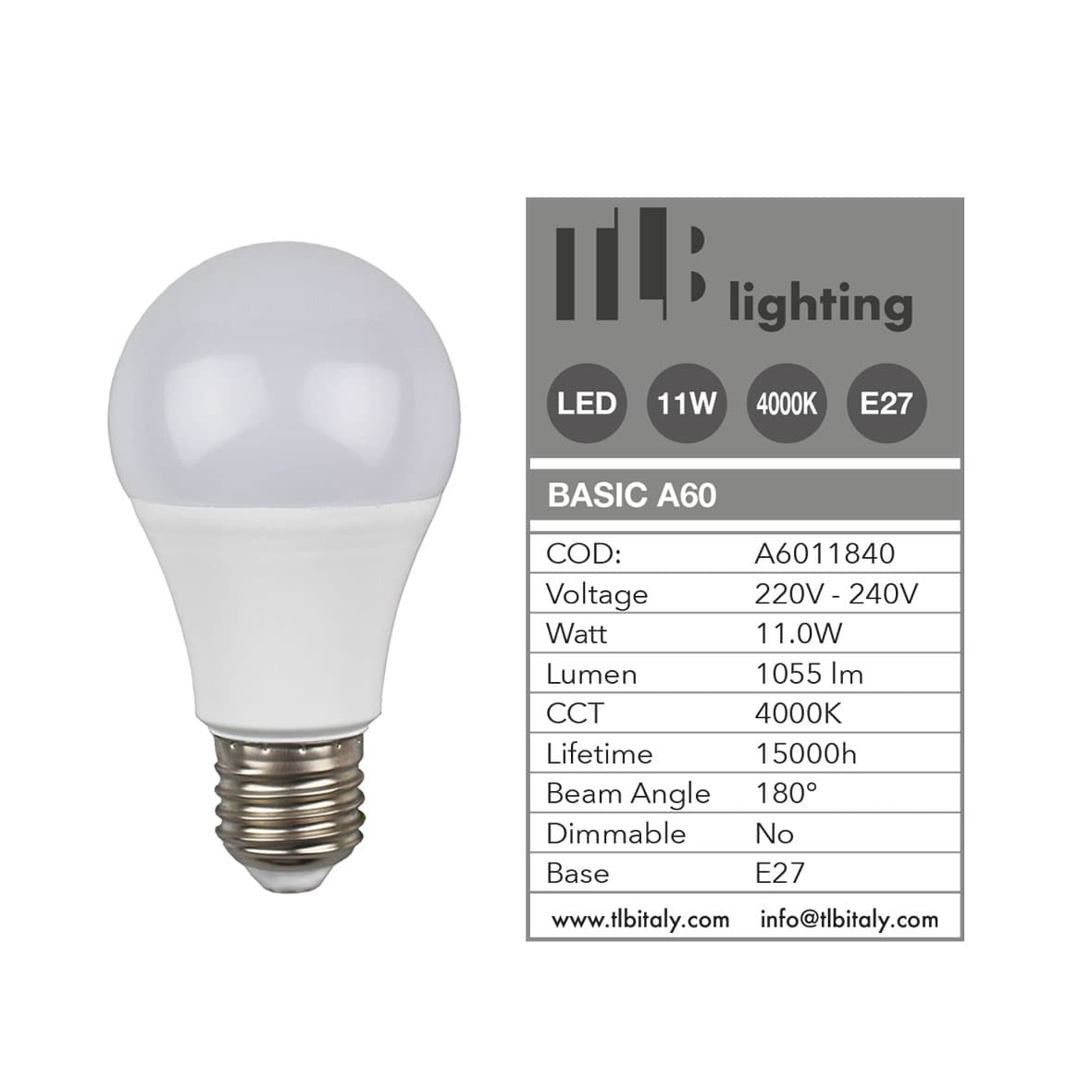 A60 11W 4000K E27 TLB LED Drop-Shaped Bulb