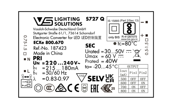 Alimentatore LED 40W 500-800mA VOSSLOH